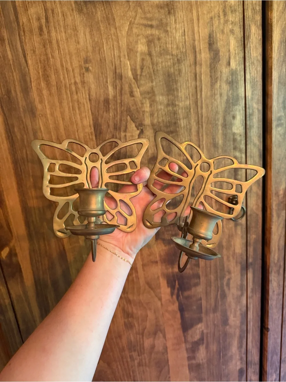 Vintage Brass Butterfly Wall Sconce Candle Holder Pair